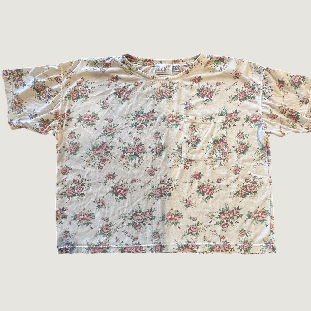 Vintage Stefano World Wide Floral Rose Print Pocket T-Shirt Pink Cream XL 18/20